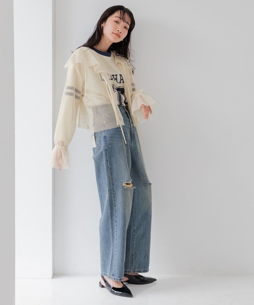 LOWRYS FARM(ローリーズファーム)の「メッシュリボンブラウスLS 110375(シャツ/ブラウス・レディース・ブルー/オレンジ/アイボリー/ブラック・FREE)」の6枚目の写真
