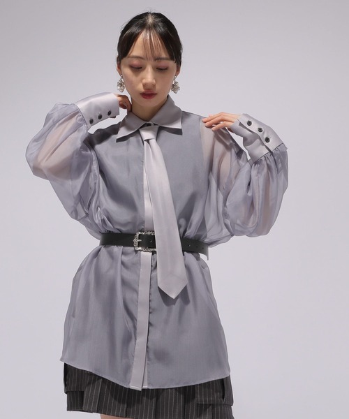 HARE（ハレ）の「ネクタイシアーシャツ(HARE)（シャツ/ブラウス・レディース・グレー/ブラック/ライトパープル・FREE）」の14枚目の写真