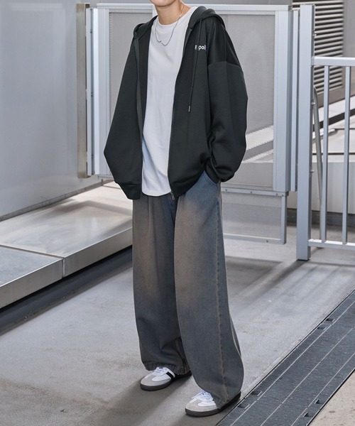 オーバーサイズ ワンポイントロゴ刺繍 ダブルフェイスジップパーカー