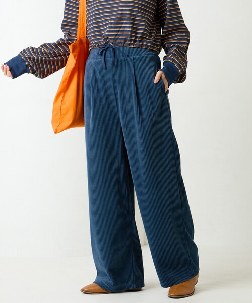 パンツ ルーズ サイドリボンコーデュロイストレートパンツ セール】限定展開 カット コーデュロイ ワイド ストレート