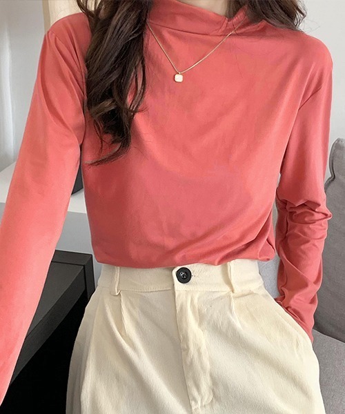 ad thie(アドティエ)の「ベーシック・カラー豊富 ハイネックトップス(Tシャツ/カットソー・レディース・チャコール/ブラック/ブルーグレー/ピンクベージュ/ホワイト/ピンク/ライトグリーン/キャメル・FREE)」の7枚目の写真