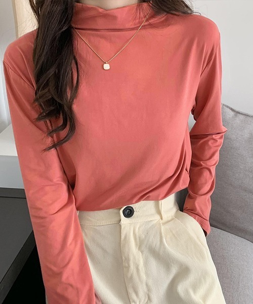 ad thie(アドティエ)の「ベーシック・カラー豊富 ハイネックトップス(Tシャツ/カットソー・レディース・チャコール/ブラック/ブルーグレー/ピンクベージュ/ホワイト/ピンク/ライトグリーン/キャメル・FREE)」の21枚目の写真