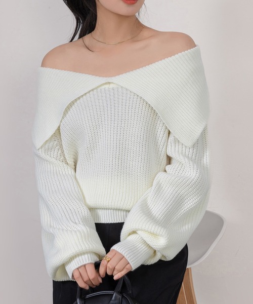 DAY CLOSET（デイ クローゼット）の「【2WAY/オフショルダーでデコルテ綺麗見せ】大人っぽ長袖ボリューミーリブニットトップス（ニット/セーター・レディース・グレー/ホワイト/ブラック/カーキ・FREE）」の5枚目の写真