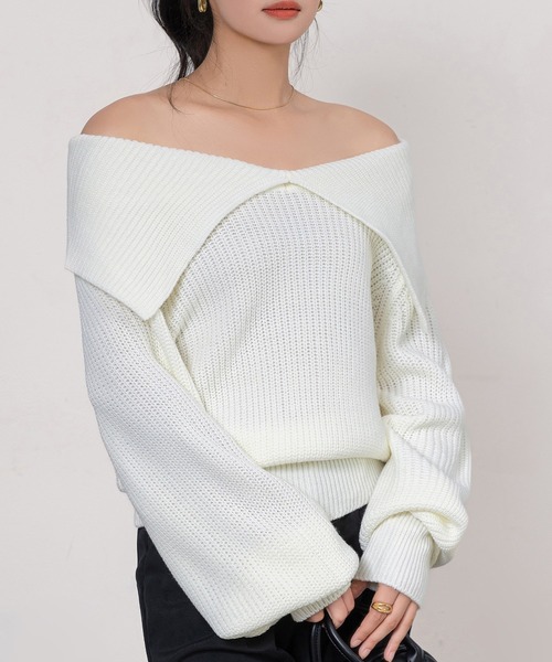 DAY CLOSET（デイ クローゼット）の「【2WAY/オフショルダーでデコルテ綺麗見せ】大人っぽ長袖ボリューミーリブニットトップス（ニット/セーター・レディース・グレー/ホワイト/ブラック/カーキ・FREE）」の6枚目の写真