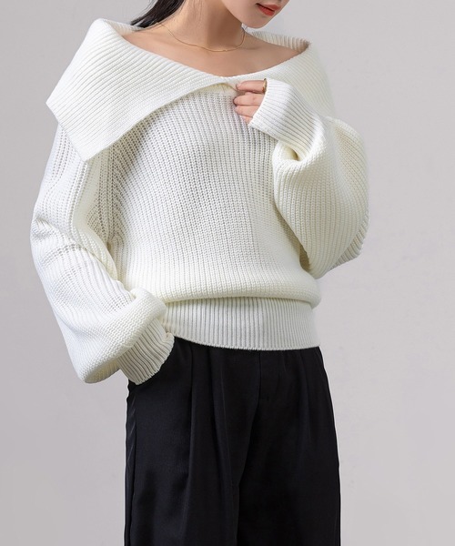 DAY CLOSET（デイ クローゼット）の「【2WAY/オフショルダーでデコルテ綺麗見せ】大人っぽ長袖ボリューミーリブニットトップス（ニット/セーター・レディース・グレー/ホワイト/ブラック/カーキ・FREE）」の8枚目の写真