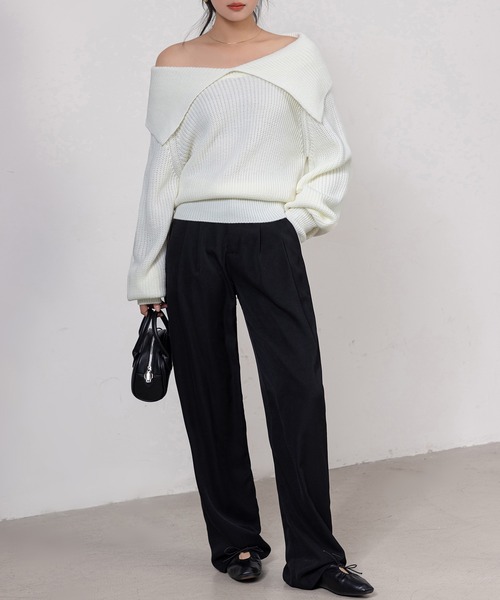 DAY CLOSET（デイ クローゼット）の「【2WAY/オフショルダーでデコルテ綺麗見せ】大人っぽ長袖ボリューミーリブニットトップス（ニット/セーター・レディース・グレー/ホワイト/ブラック/カーキ・FREE）」の9枚目の写真