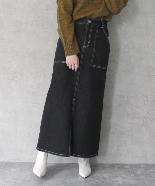 SELECT LEVERY(セレクトリベリー)の「ホワイトステッチデニムスカート(デニムスカート・レディース・ブラック/ライトブルー/ネイビー・X-LARGE/LARGE/MEDIUM/SMALL)」の2枚目の写真