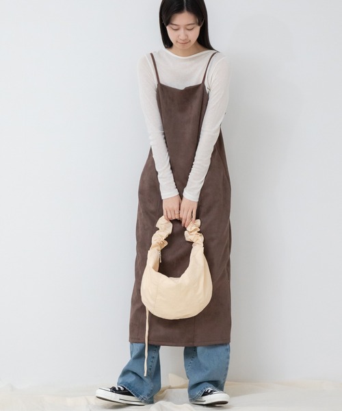 バックリボンフェイクスエードキャミワンピース / ロング キャミワンピ