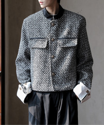 neos（ネオス）の「【neos】ショート丈 ビッグカフス ノーカラー ツイード ジャケット（ノーカラージャケット）」