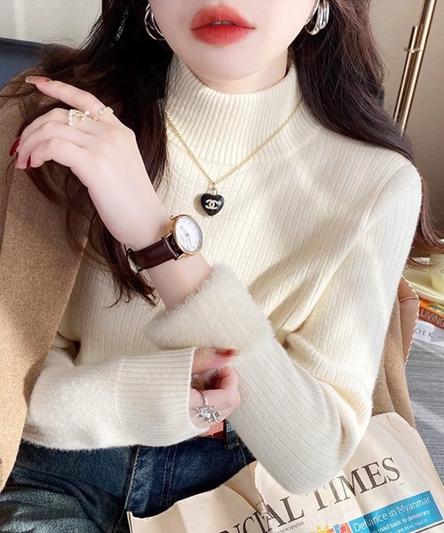 frunco(フランコ)の「裏起毛リブハイネックトップス(Tシャツ/カットソー・レディース・グレー/ホワイト/アイボリー/ブラック・FREE)」の1枚目の写真