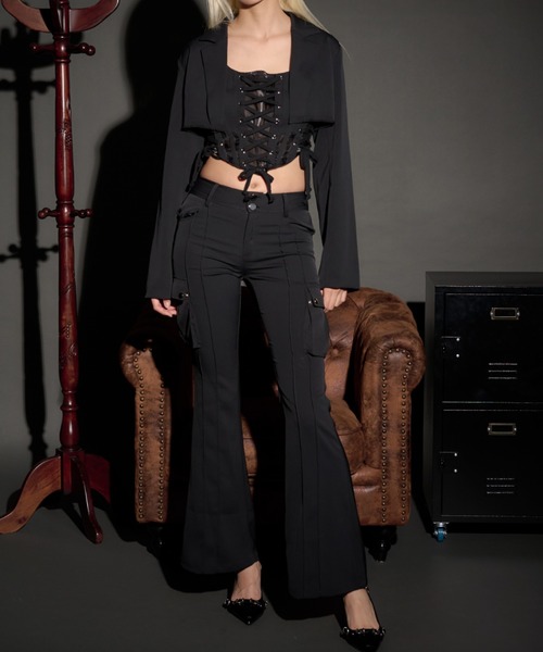 LunaVie(ルナヴィ)の「flare cargo slacks / フレアカーゴスラックス【SETUP対応】(スラックス・レディース・Black・FREE)」の4枚目の写真