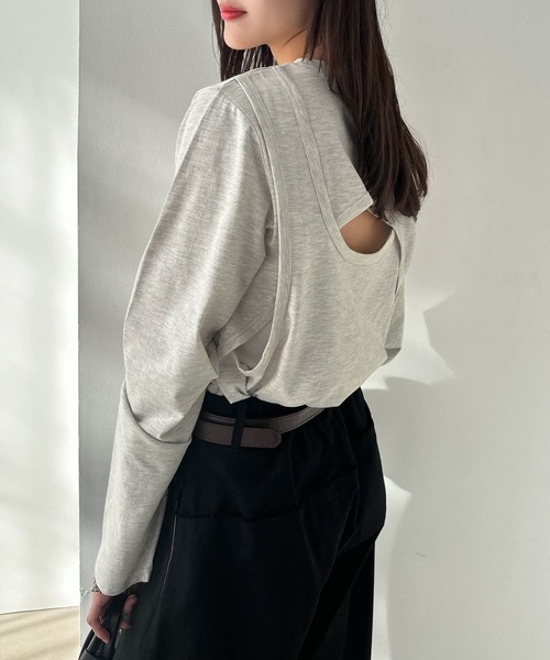 Freesia by andme(フリージアバイアンドミー)の「バックオープンレイヤードトップス(Tシャツ/カットソー・レディース・オフホワイト/ブラック/ピンク/オートミール・FREE)」の15枚目の写真
