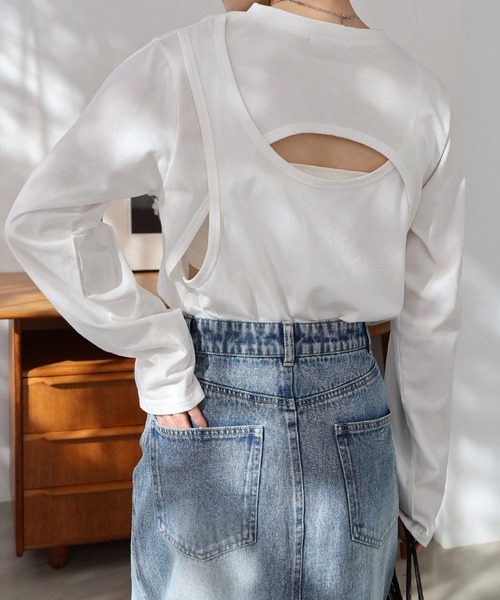 Freesia by andme(フリージアバイアンドミー)の「バックオープンレイヤードトップス(Tシャツ/カットソー・レディース・オフホワイト/ブラック/ピンク/オートミール・FREE)」の11枚目の写真