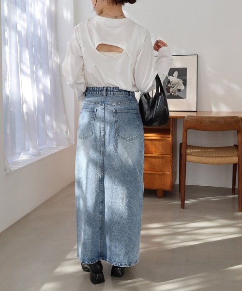 Freesia by andme(フリージアバイアンドミー)の「バックオープンレイヤードトップス(Tシャツ/カットソー・レディース・オフホワイト/ブラック/ピンク/オートミール・FREE)」の10枚目の写真