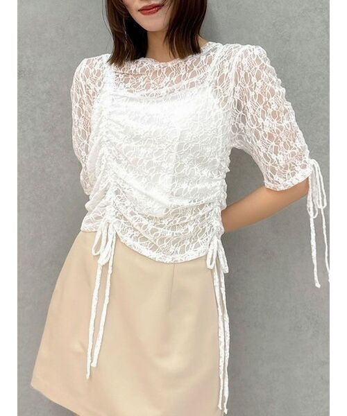 dazzlin(ダズリン)の「ギャザーリボンレーストップス(Tシャツ/カットソー・レディース・ブルー/オフホワイト/グリーン/パープル/ブラック・FREE)」の2枚目の写真