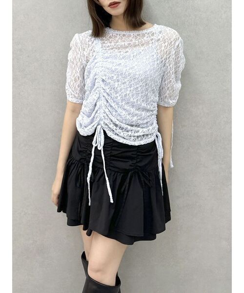 dazzlin(ダズリン)の「ギャザーリボンレーストップス(Tシャツ/カットソー・レディース・ブルー/オフホワイト/グリーン/パープル/ブラック・FREE)」の5枚目の写真