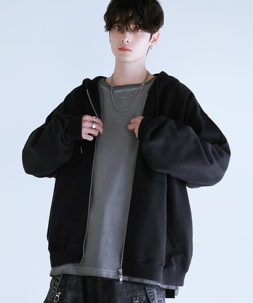 LILL（リル）の「【コットン400g】ヴィンテージ加工ワイドメタルジップパーカー（パーカー・メンズ・ブラック/チャコール・XL/L/M/S）」の11枚目の写真