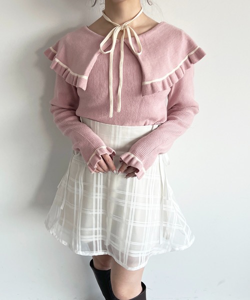apres jour(アプレジュール)の「リボン付きラインケープニット(ニット/セーター・レディース・オフホワイト/ピンクベージュ/ライトブルー・フリー/X-LARGE)」の3枚目の写真