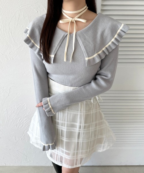 apres jour(アプレジュール)の「リボン付きラインケープニット(ニット/セーター・レディース・オフホワイト/ピンクベージュ/ライトブルー・フリー/X-LARGE)」の1枚目の写真
