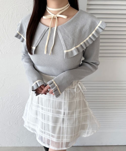 apres jour(アプレジュール)の「リボン付きラインケープニット(ニット/セーター・レディース・オフホワイト/ピンクベージュ/ライトブルー・フリー/X-LARGE)」の10枚目の写真