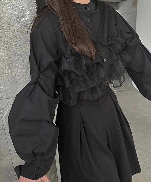 WILLFULLYオーガンジーフリルレイヤードポイントギャザースリーブSH