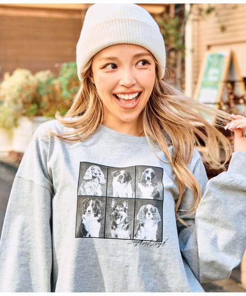 anap mimpi(アナップミンピ)の「コマ割 ドッグ フォト プリント 長袖 ビッグ ロンT(Tシャツ/カットソー・レディース・グレー/ブラック・FREE)」の9枚目の写真