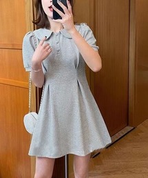 丸襟ポロワンピース 半袖パフスリーブ ウエストタック A ラインミニワンピ カジュアル きれいめ レディース 2 色展開 グレー / ブラック