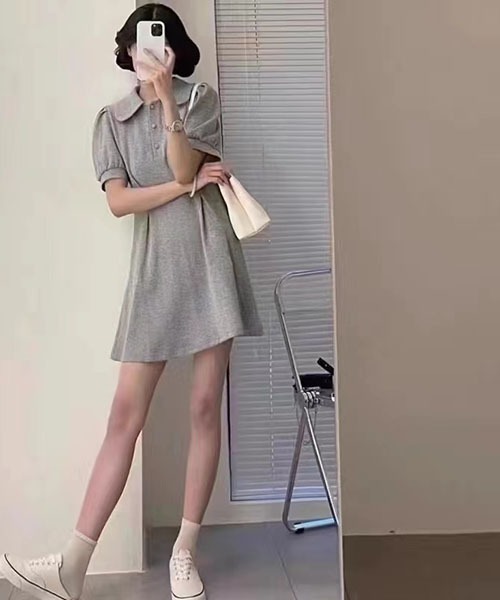 gossip!ロサンゼルス(ゴシップロサンゼルス)の「丸襟ポロワンピース 半袖パフスリーブ ウエストタック A ラインミニワンピ カジュアル きれいめ レディース 2 色展開 グレー / ブラック(ワンピース・レディース・グレー/ブラック・M/S)」の8枚目の写真
