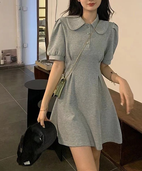 gossip!ロサンゼルス(ゴシップロサンゼルス)の「丸襟ポロワンピース 半袖パフスリーブ ウエストタック A ラインミニワンピ カジュアル きれいめ レディース 2 色展開 グレー / ブラック(ワンピース・レディース・グレー/ブラック・M/S)」の17枚目の写真