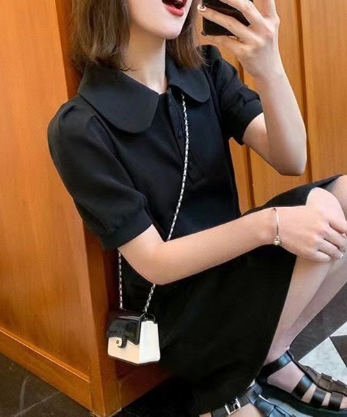 gossip!ロサンゼルス(ゴシップロサンゼルス)の「丸襟ポロワンピース 半袖パフスリーブ ウエストタック A ラインミニワンピ カジュアル きれいめ レディース 2 色展開 グレー / ブラック(ワンピース・レディース・グレー/ブラック・M/S)」の20枚目の写真