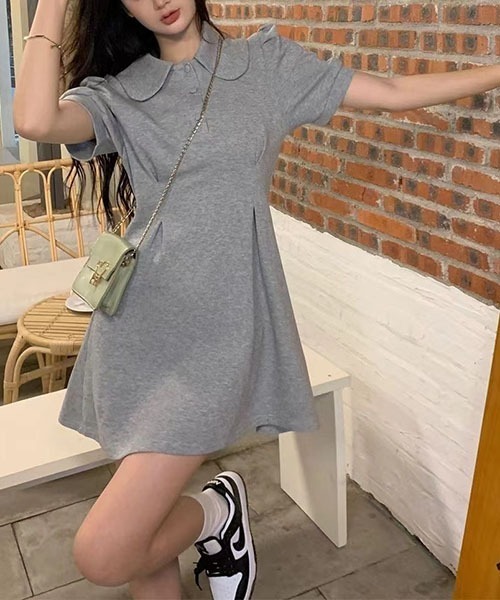 gossip!ロサンゼルス(ゴシップロサンゼルス)の「丸襟ポロワンピース 半袖パフスリーブ ウエストタック A ラインミニワンピ カジュアル きれいめ レディース 2 色展開 グレー / ブラック(ワンピース・レディース・グレー/ブラック・M/S)」の12枚目の写真