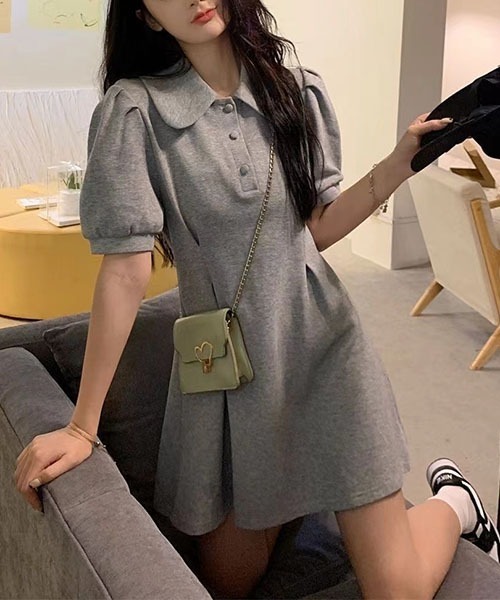 gossip!ロサンゼルス(ゴシップロサンゼルス)の「丸襟ポロワンピース 半袖パフスリーブ ウエストタック A ラインミニワンピ カジュアル きれいめ レディース 2 色展開 グレー / ブラック(ワンピース・レディース・グレー/ブラック・M/S)」の15枚目の写真
