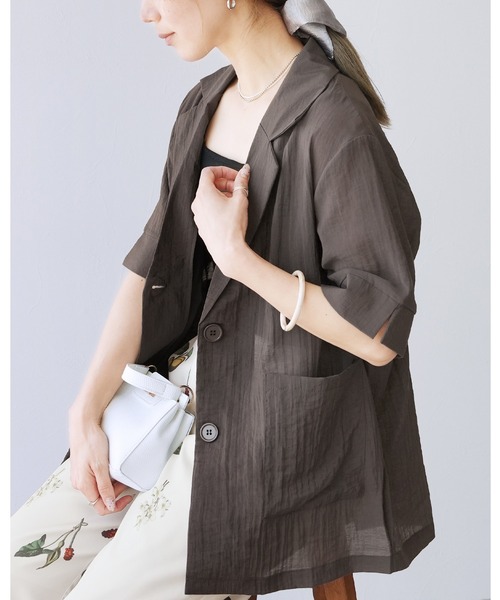 reca(レカ)の「シアー半袖テーラージャケット(テーラードジャケット・レディース・ブラック/アイボリー/チャコールグレー・M)」の3枚目の写真