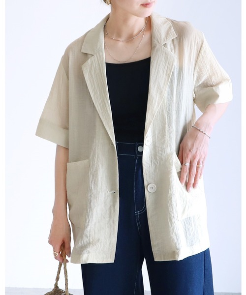 reca（レカ）の「シアー半袖テーラージャケット（テーラードジャケット・レディース・ブラック/アイボリー・M）」の2枚目の写真