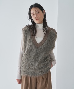 畦編み切替Vネックシャギーニットベスト