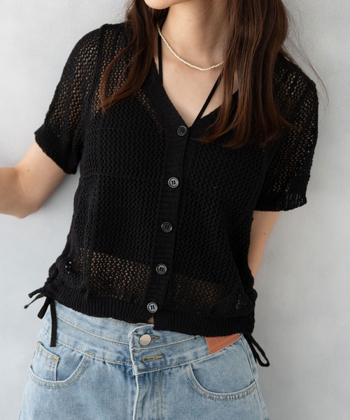 NinaetLina（ニナエリナ）の「ショート丈透かし編みニットカーディガン（カーディガン/ボレロ・レディース・ベージュ/ブラック/ホワイト・FREE）」の2枚目の写真