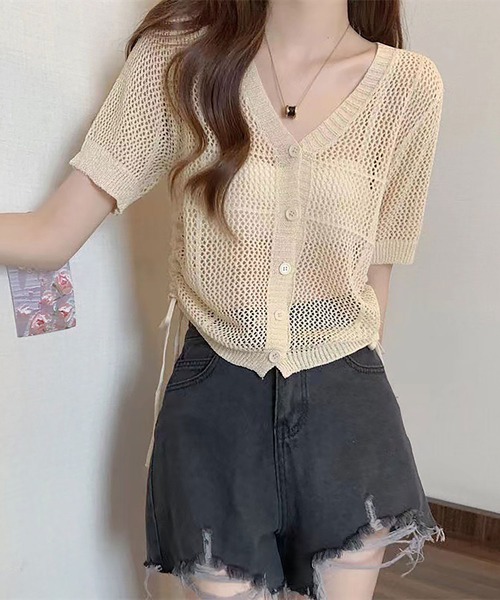 NinaetLina（ニナエリナ）の「ショート丈透かし編みニットカーディガン（カーディガン/ボレロ・レディース・ベージュ/ブラック/ホワイト・FREE）」の8枚目の写真