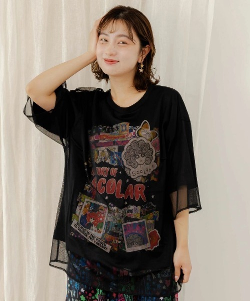 ScoLar（スカラー）の「ScoLar/スカラー　ヒストリー柄 チュール重ねTEE（Tシャツ/カットソー・レディース・ホワイト/ブラック・FREE）」の2枚目の写真