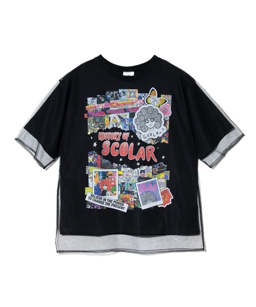 ScoLar（スカラー）の「ScoLar/スカラー　ヒストリー柄 チュール重ねTEE（Tシャツ/カットソー・レディース・ホワイト/ブラック・FREE）」の3枚目の写真