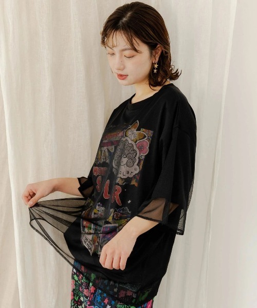 ScoLar（スカラー）の「ScoLar/スカラー　ヒストリー柄 チュール重ねTEE（Tシャツ/カットソー・レディース・ホワイト/ブラック・FREE）」の6枚目の写真