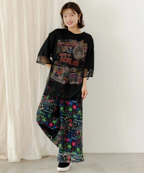 ScoLar（スカラー）の「ScoLar/スカラー　ヒストリー柄 チュール重ねTEE（Tシャツ/カットソー・レディース・ホワイト/ブラック・FREE）」の9枚目の写真