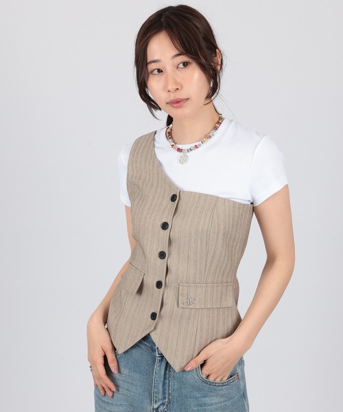 SUWDEE(スーディー)の「one shoulder stripe button bustier(ベスト・レディース・グレー/ベージュ・FREE)」の1枚目の写真