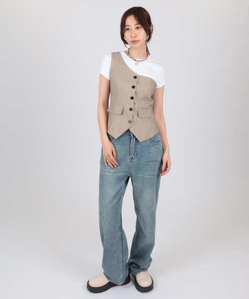 SUWDEE(スーディー)の「one shoulder stripe button bustier(ベスト・レディース・グレー/ベージュ・FREE)」の8枚目の写真