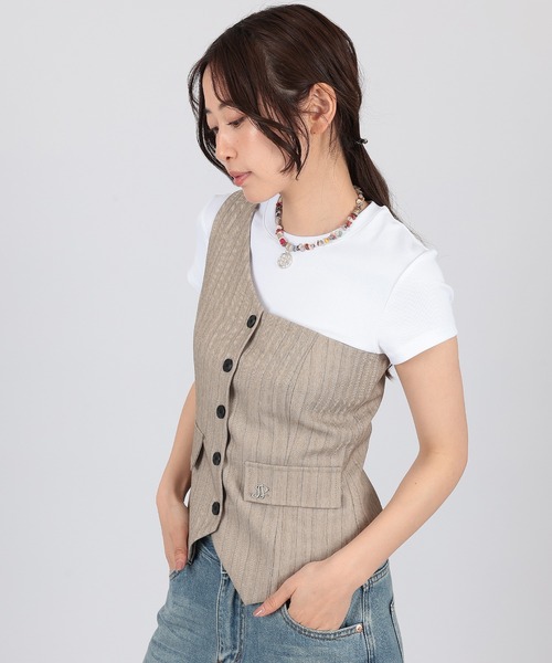 SUWDEE(スーディー)の「one shoulder stripe button bustier(ベスト・レディース・グレー/ベージュ・FREE)」の9枚目の写真