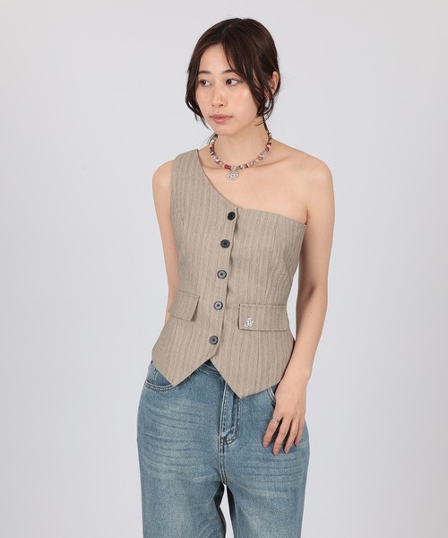 SUWDEE(スーディー)の「one shoulder stripe button bustier(ベスト・レディース・グレー/ベージュ・FREE)」の10枚目の写真