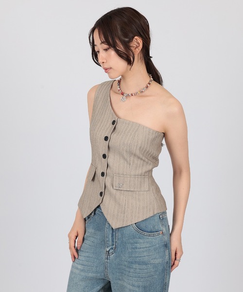 SUWDEE(スーディー)の「one shoulder stripe button bustier(ベスト・レディース・グレー/ベージュ・FREE)」の11枚目の写真
