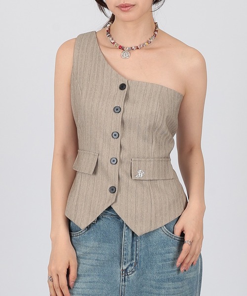 SUWDEE(スーディー)の「one shoulder stripe button bustier(ベスト・レディース・グレー/ベージュ・FREE)」の12枚目の写真