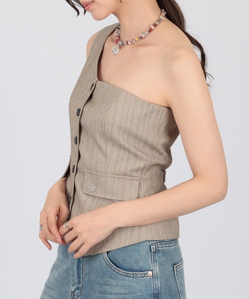 SUWDEE(スーディー)の「one shoulder stripe button bustier(ベスト・レディース・グレー/ベージュ・FREE)」の13枚目の写真