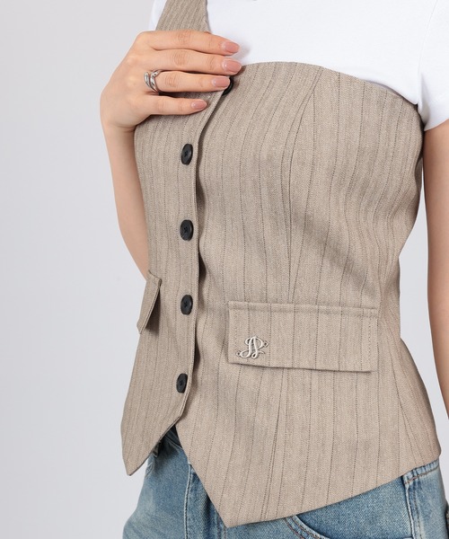 SUWDEE(スーディー)の「one shoulder stripe button bustier(ベスト・レディース・グレー/ベージュ・FREE)」の16枚目の写真