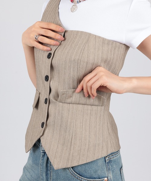 SUWDEE(スーディー)の「one shoulder stripe button bustier(ベスト・レディース・グレー/ベージュ・FREE)」の17枚目の写真